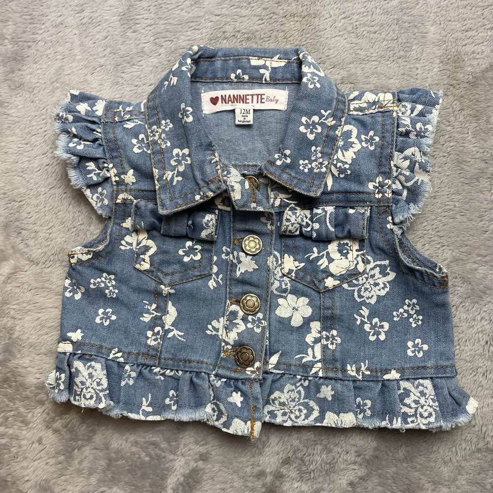 Nanette Lapore Baby Girl Denim Vest Jacket Size 12M Blue Floral Ruffle Button Up